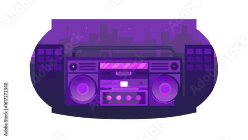 A retro boombox with a purple glow stands against a dark background with city skyline, evoking a sense of urban nightlife and musical nostalgia