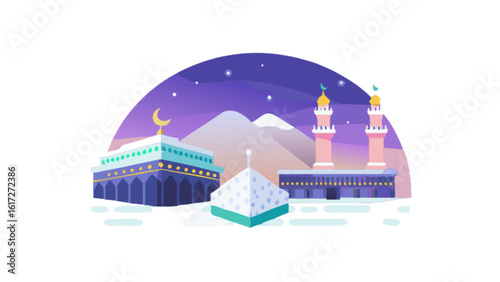 A vibrant vector illustration showcases the holy kaaba in mecca, saudi arabia, under a starry night sky, symbolizing the hajj pilgrimage and islamic faith