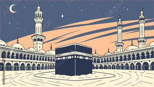 The kaaba in mecca is illuminated under a vibrant night sky in an illustration