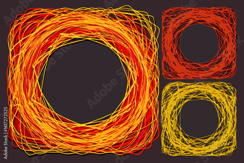 Vibrant abstract scribbles in fiery red and sunny yellow create dynamic circular and square graphic elements perfect for energetic designs and attention grabbing layouts