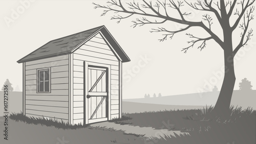 A rustic shed stands beside a bare tree in a serene countryside landscape, evoking a sense of rural charm and simple outdoor storage