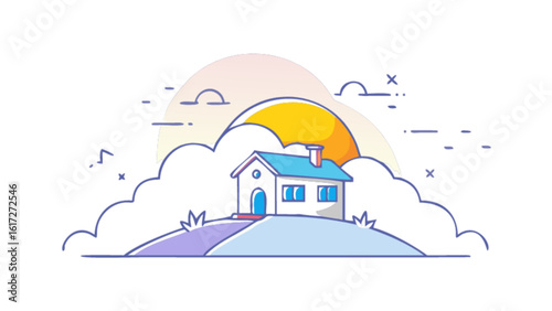 A charming house sits atop a gentle hill under a bright sun and fluffy clouds, a delightful illustration isolated on white background
