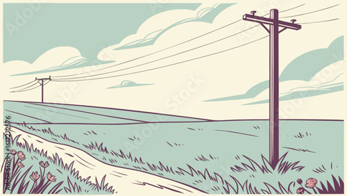 A picturesque countryside scene with power line poles stretching across a vast field, rendered in a vintage illustration style