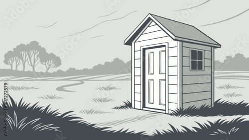 Illustration of a shed in a rural landscape with a path leading to it