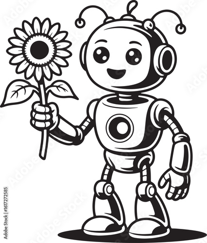 Friendly robot holding a sunflower with leaves android artificial intelligence