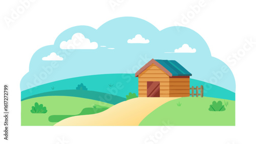 A charming wooden house nestled in a serene countryside landscape with rolling green hills, a winding path, and a bright blue sky with fluffy white clouds, creating a peaceful and idyllic scene