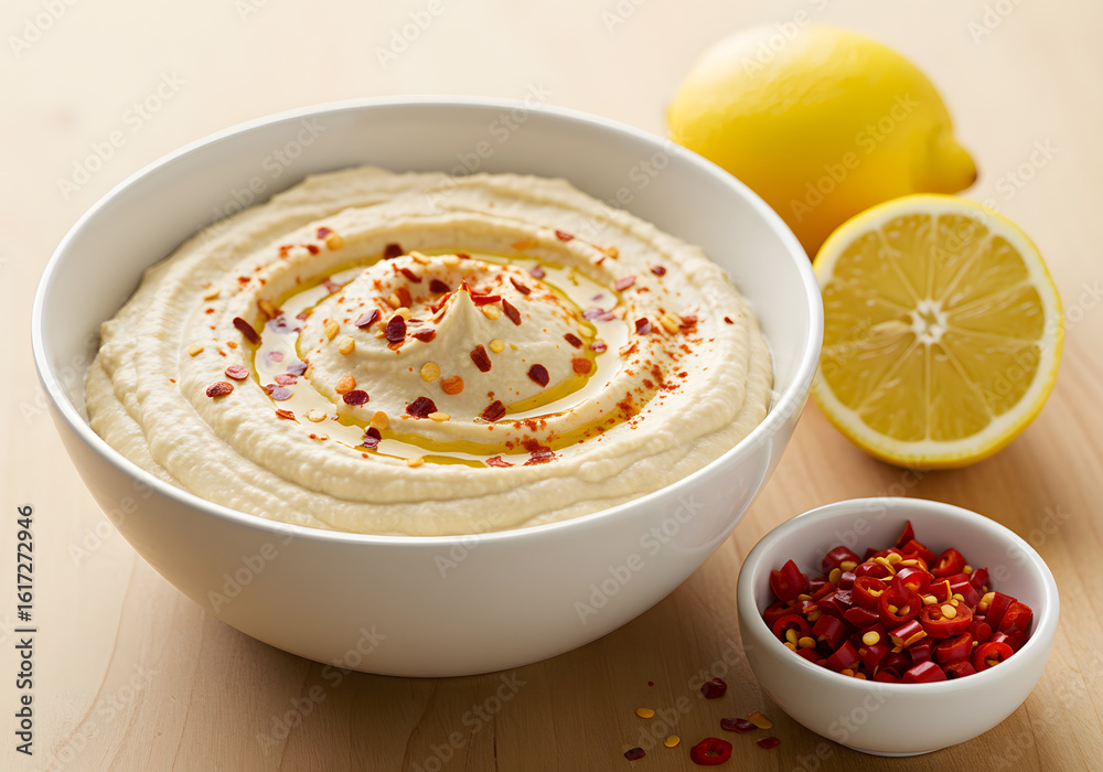 Creamy hummus with lemon and red pepper Creamy hummus with lemon and red pepper