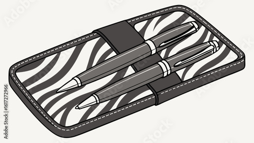 An elegant pen set with a zebrastriped case presents a stylish and luxurious writing accessory, perfect for gifting or sophisticated office use