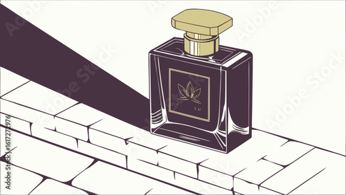 A stylish perfume bottle illustration with a minimalist design, showcasing its elegant fragrance on a white brick surface
