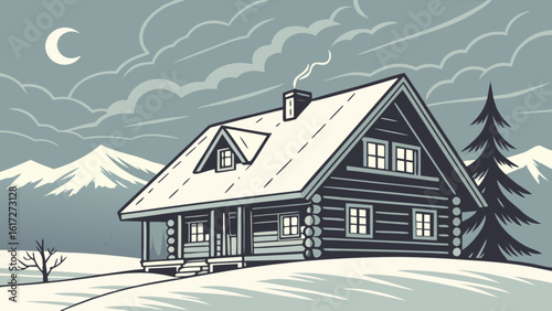 A rustic cabin illuminated by moonlight in a snowy mountain setting, with a cozy atmosphere and a picturesque winter landscape