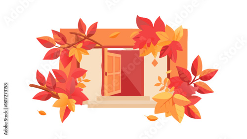 A welcoming autumn entrance with colorful leaves adorning a doorway, creating a vibrant and artistic illustration of the fall season at home