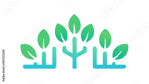 Three stylized green leaf plants with a gradient design, isolated on white background, representing nature, ecology, and sustainable growth