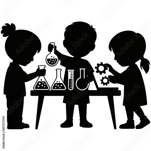 Children engaged in a science experiment with beakers and gears