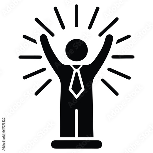 Black silhouette of a person in a suit with arms raised and radiating lines business success