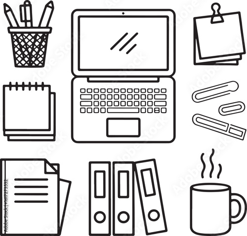 Office supplies collection laptop notebook pens paper clips binders and hot beverage pencils