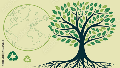 A tree with green leaves stands beside a globe and recycling symbols, representing ecology, sustainability, and environmental awareness