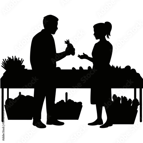 Silhouettes of a couple at a market stall with produce and baskets