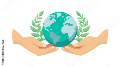 Two hands gently holding the earth globe surrounded by green leaves, symbolizing environmental protection and global care