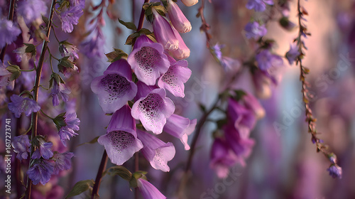 Dreamy purple foxglove flowers, soft bokeh botanical background, romantic floral wallpaper texture PNG for design