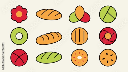 Collection of whimsical hand drawn bakery pastries featuring wheat and rye elements perfect for food branding and culinary designs