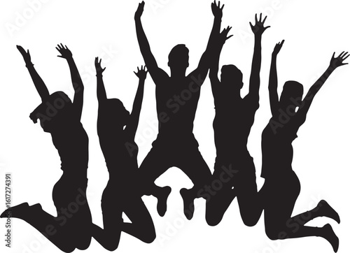 Silhouette Of Happy People Jumping With Raised Arms