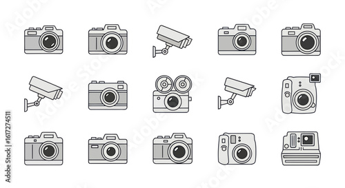 Collection of various camera and surveillance system illustrations in a simple grayscale style.