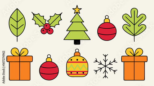 Festive holiday celebration graphic set featuring merry christmas greetings and decorative elements for cards and posters