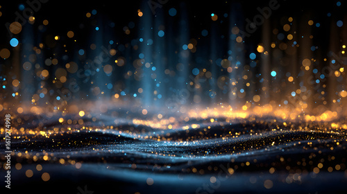 Abstract blue and gold bokeh light particles, glowing wave surface background. Luxury shimmer texture for banners and web