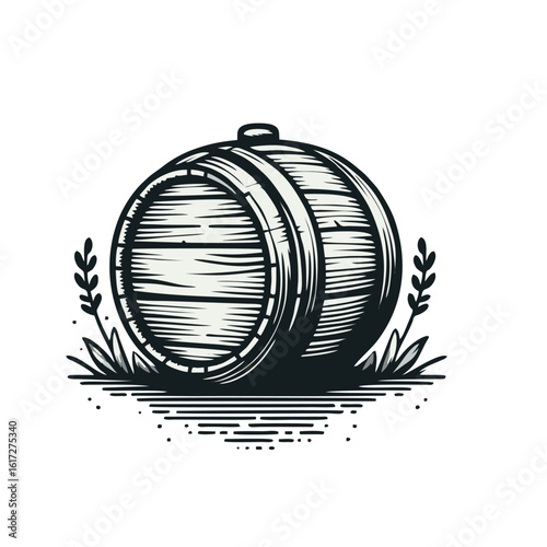 A detailed black and white illustration of a wooden barrel, showcasing its staves, hoops, and bung hole, resting on a surface with hatching.