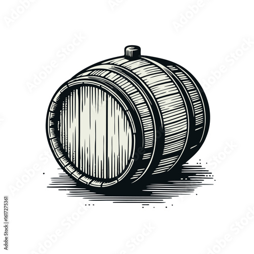 A detailed black and white illustration of a wooden barrel, showcasing its staves, hoops, and bung hole, resting on a surface with hatching.