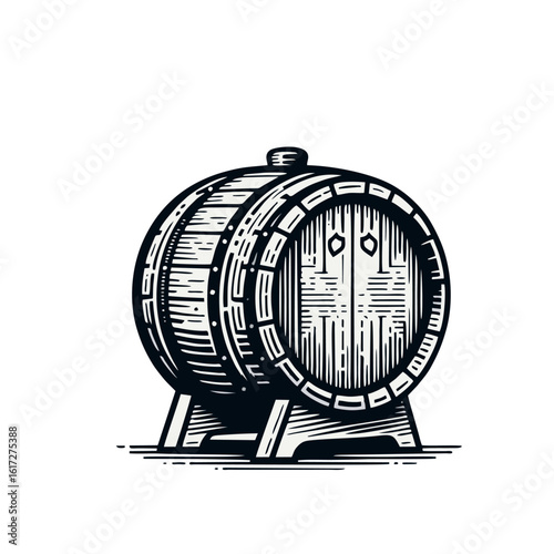 A detailed black and white illustration of a wooden barrel, showcasing its staves, hoops, and bung hole, resting on a surface with hatching.