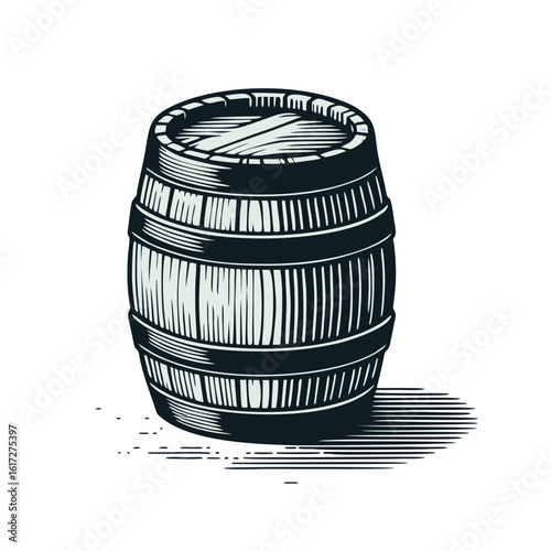 A detailed black and white illustration of a wooden barrel, showcasing its staves, hoops, and bung hole, resting on a surface with hatching.