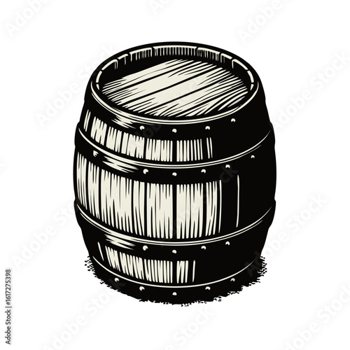 A detailed black and white illustration of a wooden barrel, showcasing its staves, hoops, and bung hole, resting on a surface with hatching.