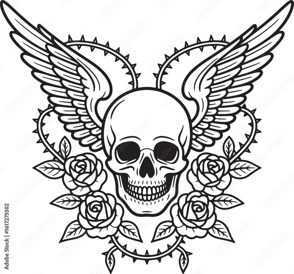 Fototapeta premium Tattoo Design with Skull Wings Roses Barbed Wire