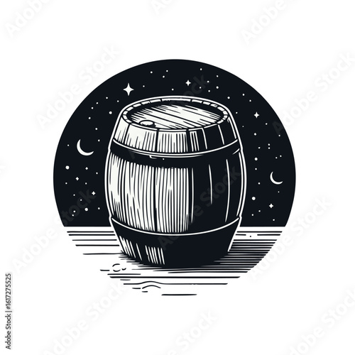 A detailed black and white illustration of a wooden barrel, showcasing its staves, hoops, and bung hole, resting on a surface with hatching.