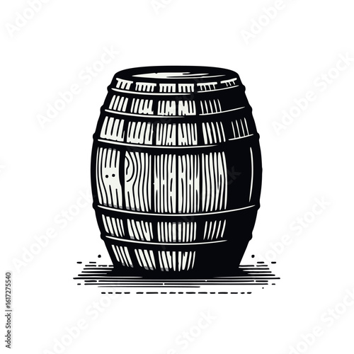 A detailed black and white illustration of a wooden barrel, showcasing its staves, hoops, and bung hole, resting on a surface with hatching.