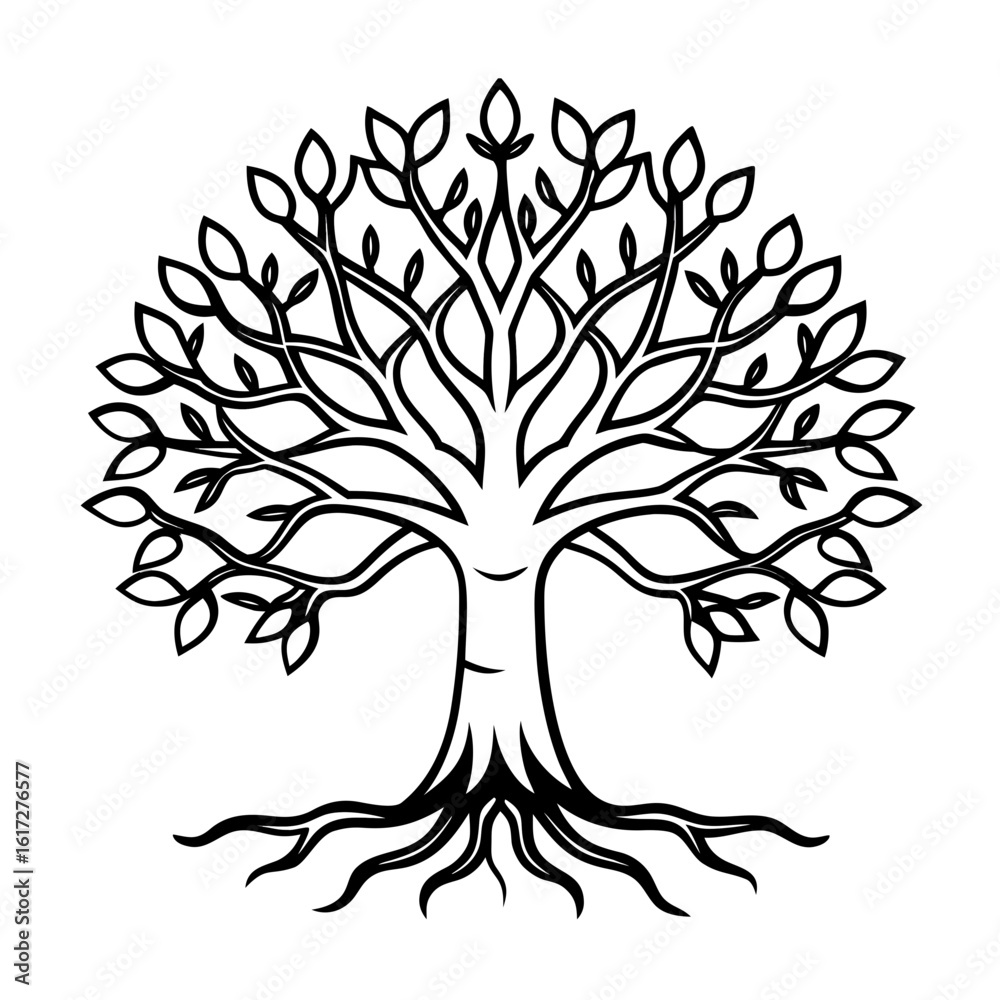Obraz premium Minimalist Leafy Tree Silhouette Vector Elegant Nature Art for Tattoo, Wall Decor & Logo Design