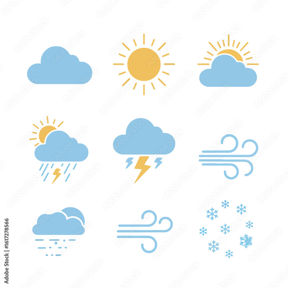 Obraz premium A collection of simple flat weather icons. Set of meteorological symbols including sun, cloud, rain, storm, wind, and snow for forecast.