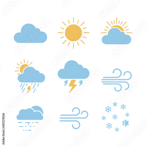 A collection of simple flat weather icons. Set of meteorological symbols including sun, cloud, rain, storm, wind, and snow for forecast.