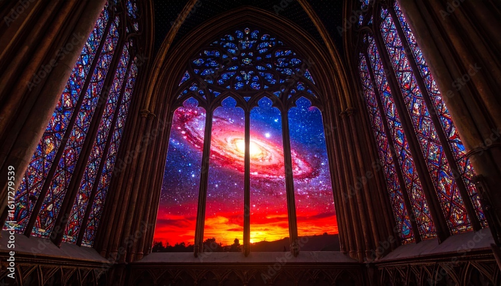 Obraz premium Cathedral Window to the Cosmos: Gothic Arch Framing a Galactic Sunset
