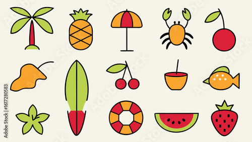 Collection of vintage tropical summer postage stamps featuring beach scenes and oceanic elements in a retro aesthetic