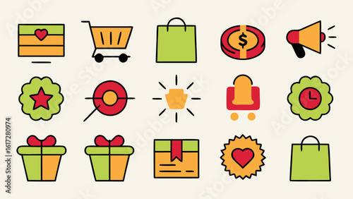 Comprehensive collection of e commerce and customer service symbols ideal for online retail and business applications presented in a clean graphic format