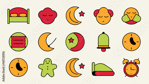 Comprehensive collection of sleep and bedroom related graphic elements featuring a cozy pillow and dream symbols for restful night themes