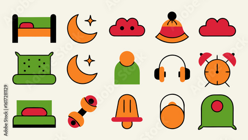 Collection of sleep and bedroom related graphic symbols featuring a pillow representing rest dreams and nighttime comfort in a clean modern style