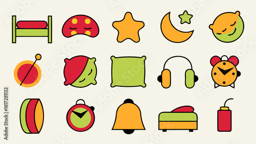 Collection of stylized sleep related symbols featuring a cozy pillow representing rest dreams and bedroom comfort in a modern graphic design