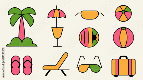 Collection of three dimensional summer vacation and beach elements featuring vibrant colors and a modern design aesthetic for travel themed projects