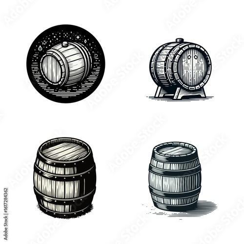 A collection of sixteen detailed, monochrome illustrations of wooden barrels in various shapes, sizes, and orientations, set against a white background.