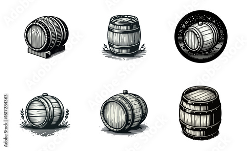 A collection of sixteen detailed, monochrome illustrations of wooden barrels in various shapes, sizes, and orientations, set against a white background.