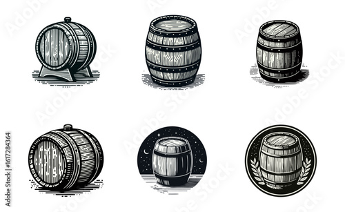 A collection of sixteen detailed, monochrome illustrations of wooden barrels in various shapes, sizes, and orientations, set against a white background.