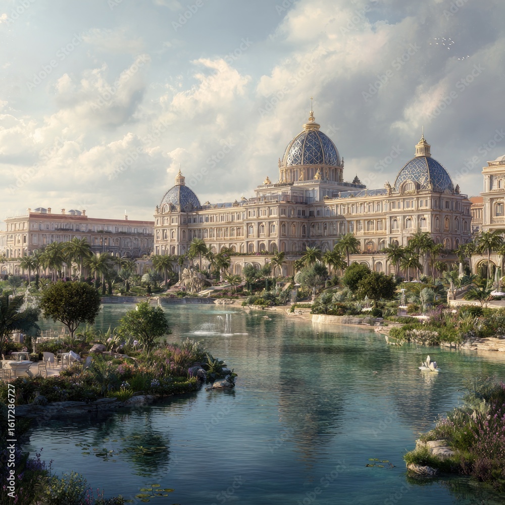 Fototapeta premium Grand palace complex overlooking a tranquil water feature